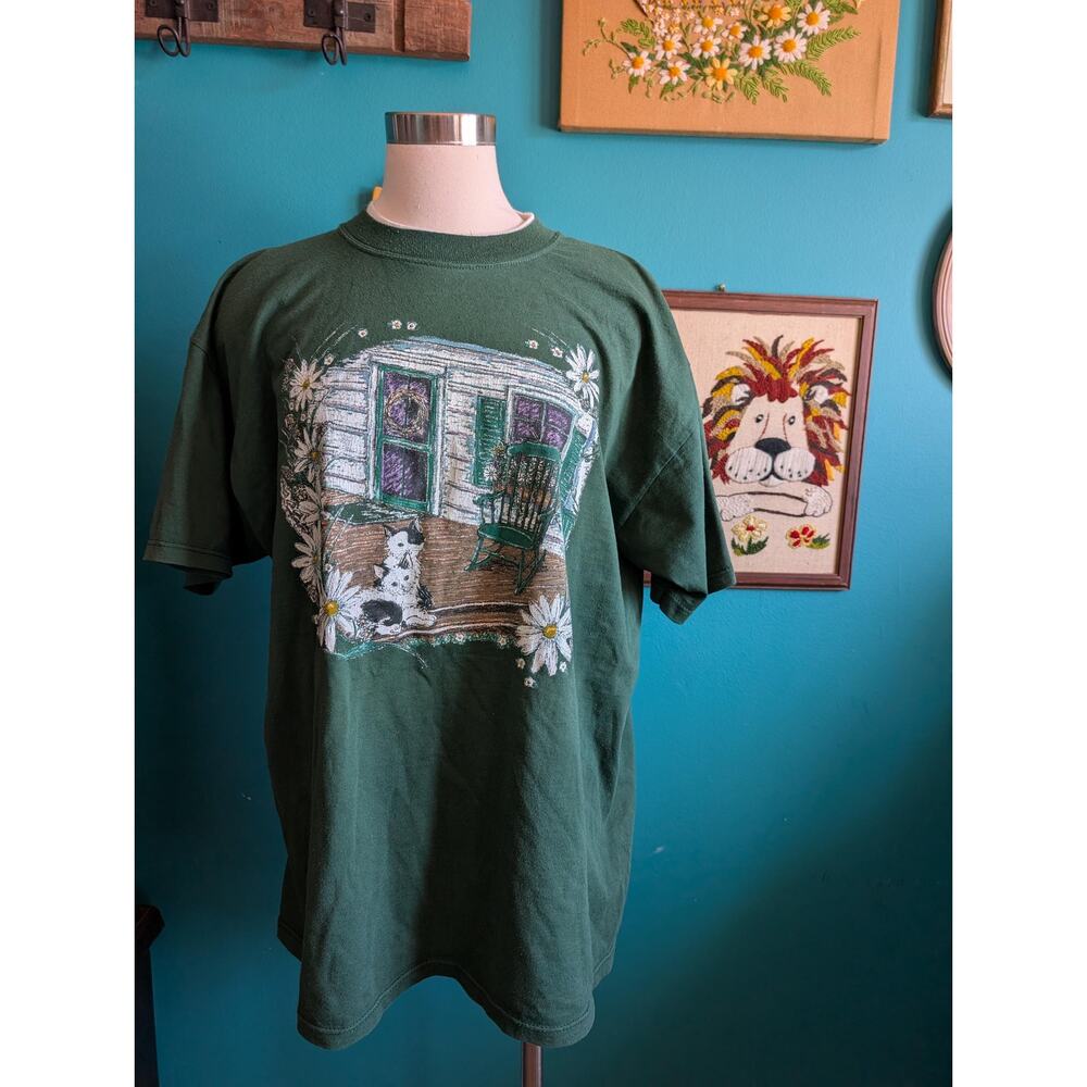 90s Cat Cottagecore Graphic T Shirt Forest Green Grandmacore
